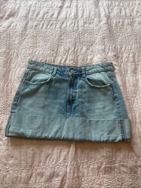 Zara Light Blue Denim Mini Skirt with Cuffed Hem